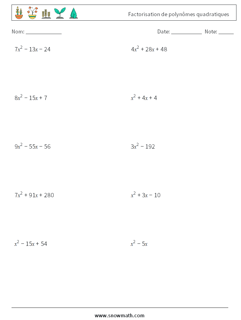 Factorisation de polynômes quadratiques Fiches d'Exercices de Mathématiques 3