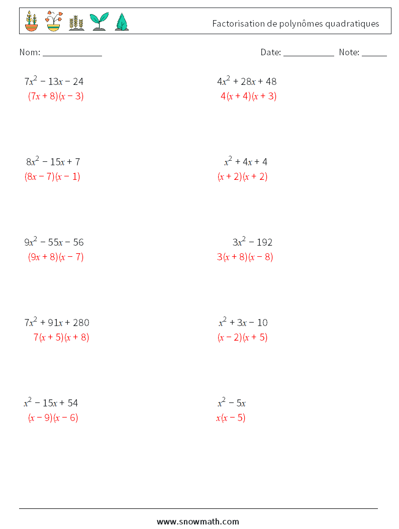 Factorisation de polynômes quadratiques Fiches d'Exercices de Mathématiques 3 Question, Réponse