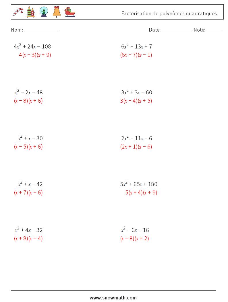 Factorisation de polynômes quadratiques Fiches d'Exercices de Mathématiques 4 Question, Réponse