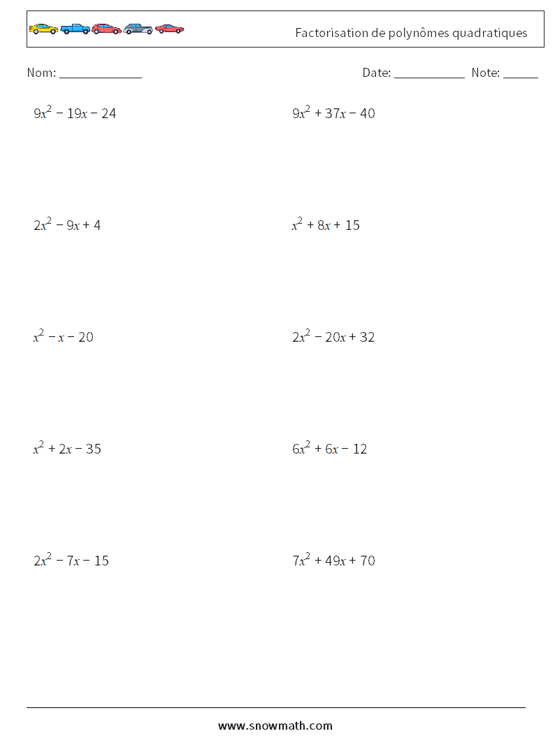 Factorisation de polynômes quadratiques Fiches d'Exercices de Mathématiques 5