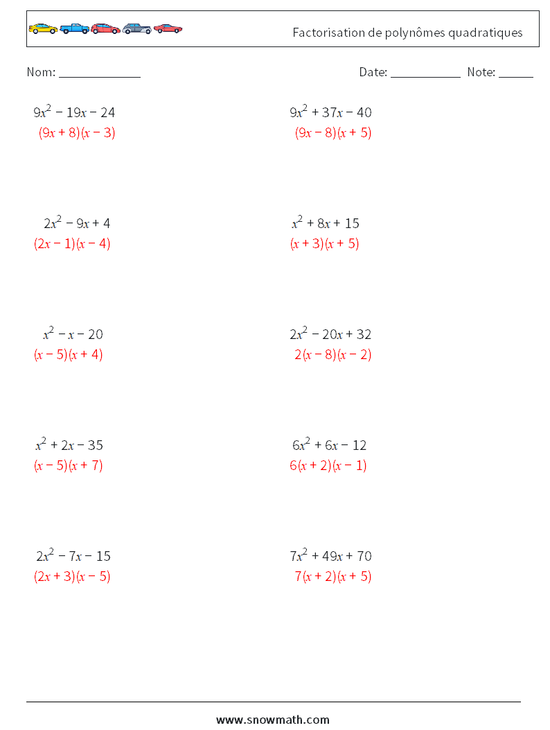 Factorisation de polynômes quadratiques Fiches d'Exercices de Mathématiques 5 Question, Réponse