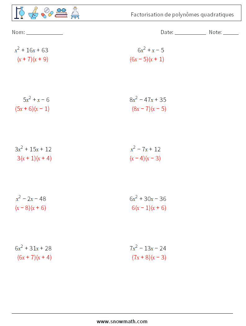 Factorisation de polynômes quadratiques Fiches d'Exercices de Mathématiques 6 Question, Réponse