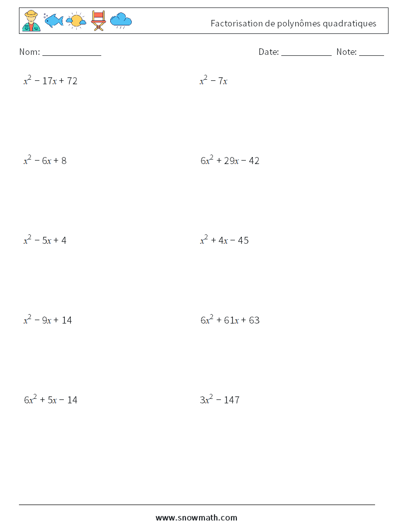 Factorisation de polynômes quadratiques Fiches d'Exercices de Mathématiques 7