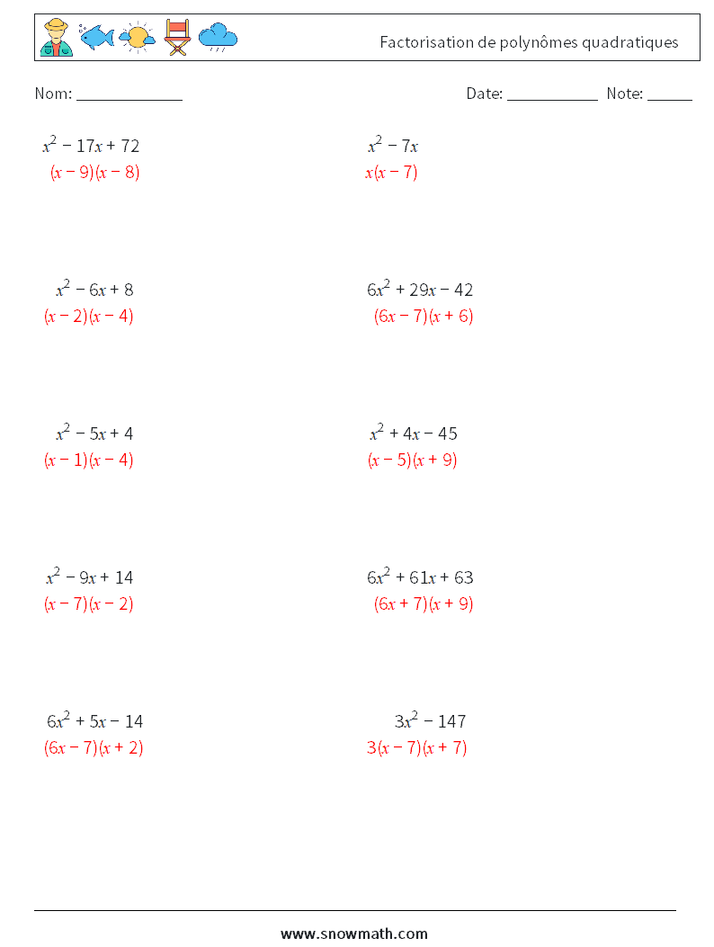 Factorisation de polynômes quadratiques Fiches d'Exercices de Mathématiques 7 Question, Réponse
