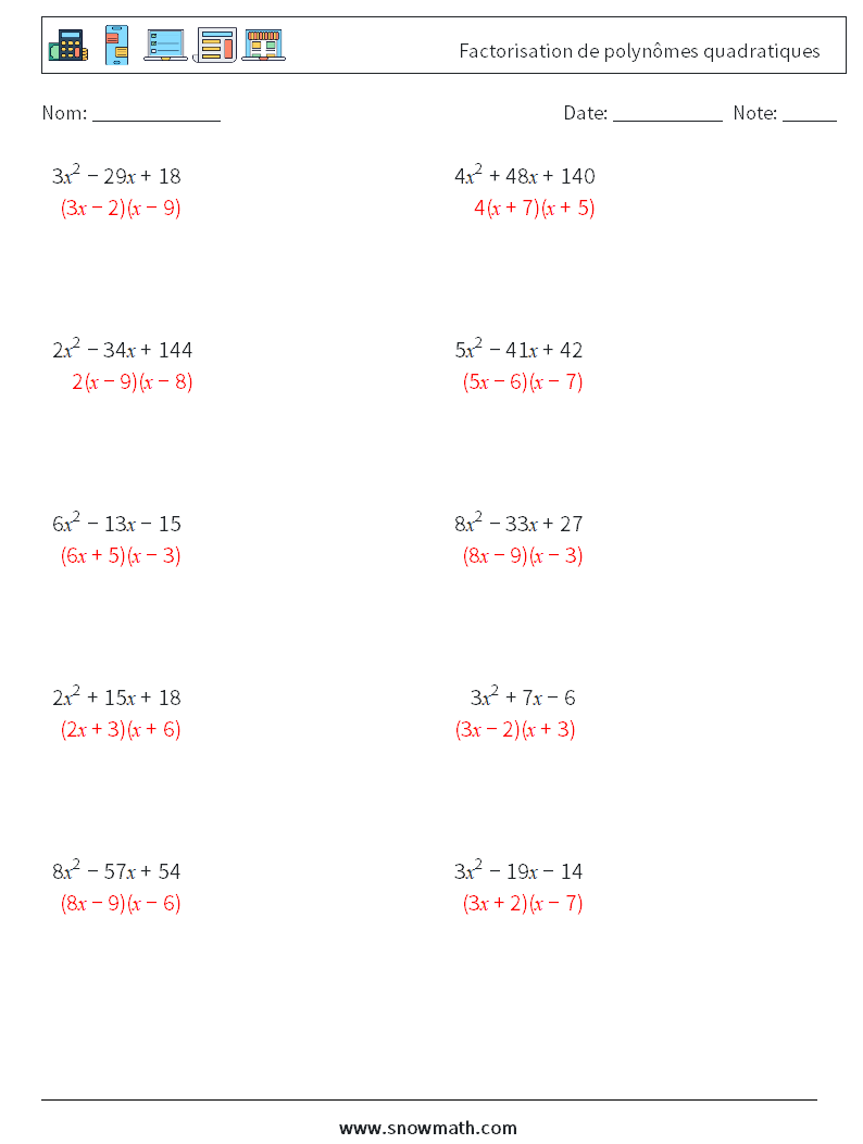 Factorisation de polynômes quadratiques Fiches d'Exercices de Mathématiques 8 Question, Réponse