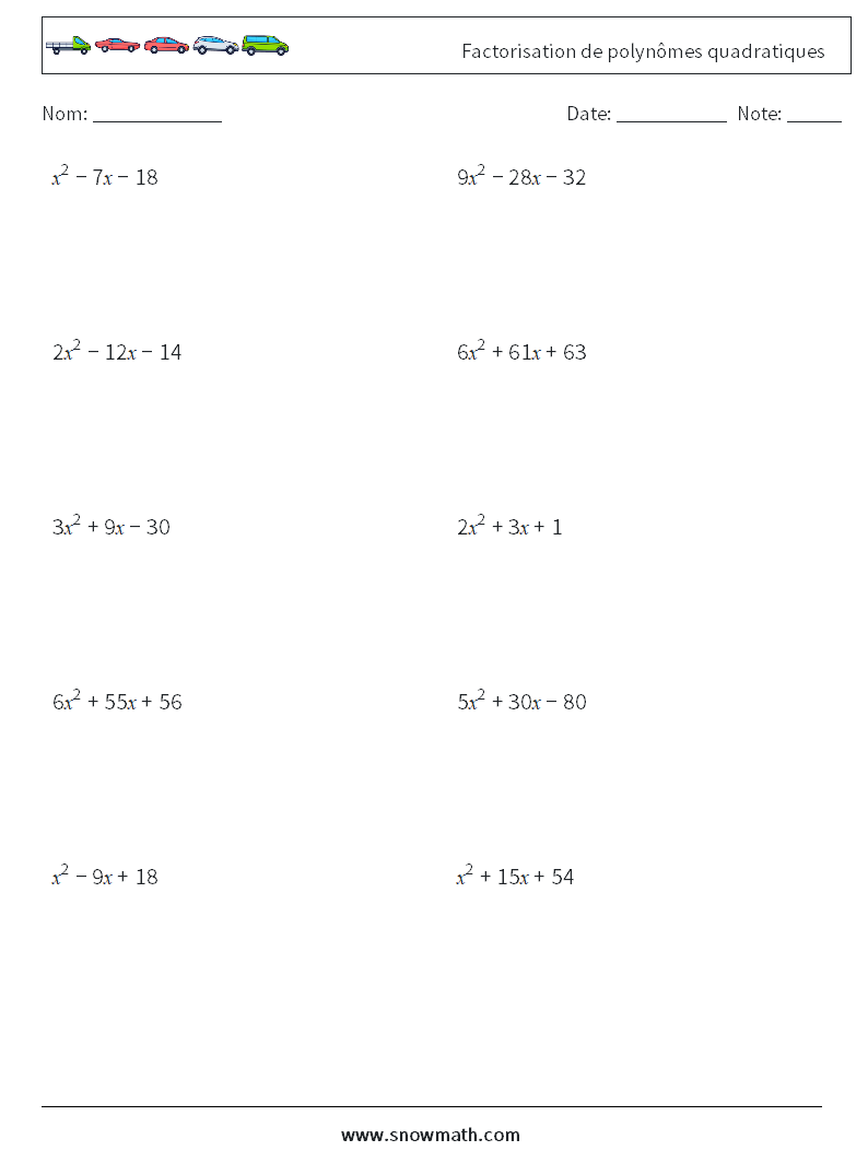 Factorisation de polynômes quadratiques Fiches d'Exercices de Mathématiques 9