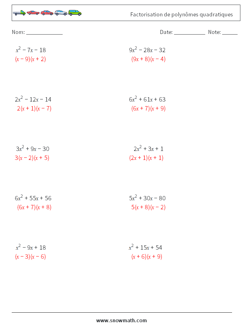 Factorisation de polynômes quadratiques Fiches d'Exercices de Mathématiques 9 Question, Réponse