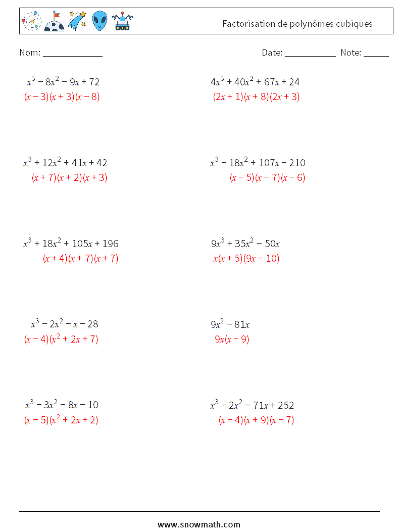 Factorisation de polynômes cubiques Fiches d'Exercices de Mathématiques 4 Question, Réponse