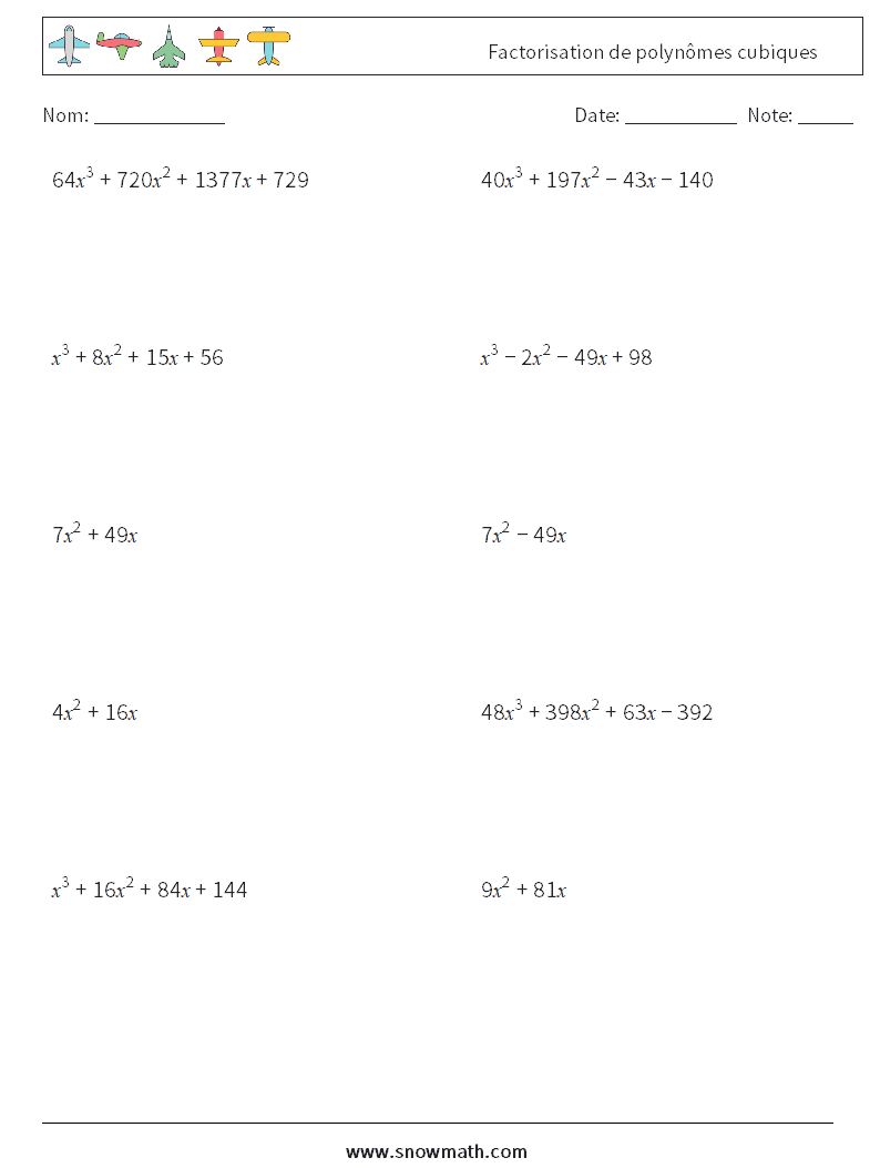 Factorisation de polynômes cubiques Fiches d'Exercices de Mathématiques 6