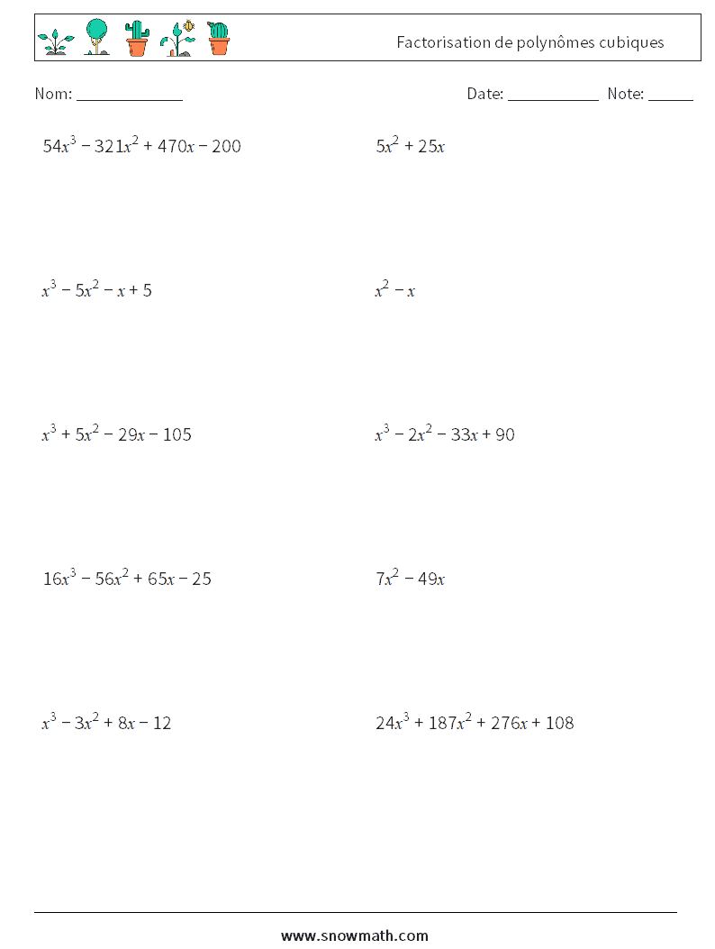 Factorisation de polynômes cubiques Fiches d'Exercices de Mathématiques 7