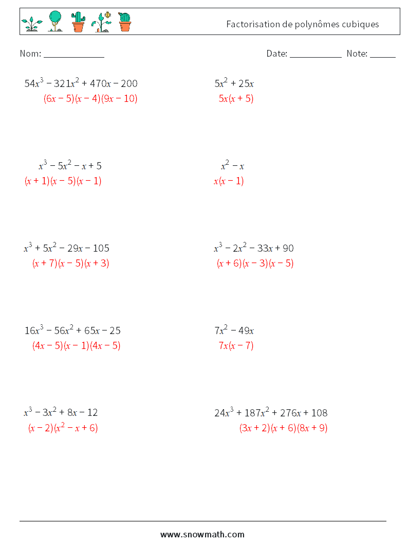 Factorisation de polynômes cubiques Fiches d'Exercices de Mathématiques 7 Question, Réponse