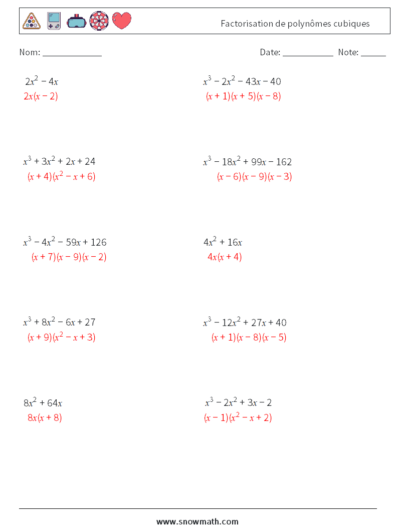 Factorisation de polynômes cubiques Fiches d'Exercices de Mathématiques 8 Question, Réponse