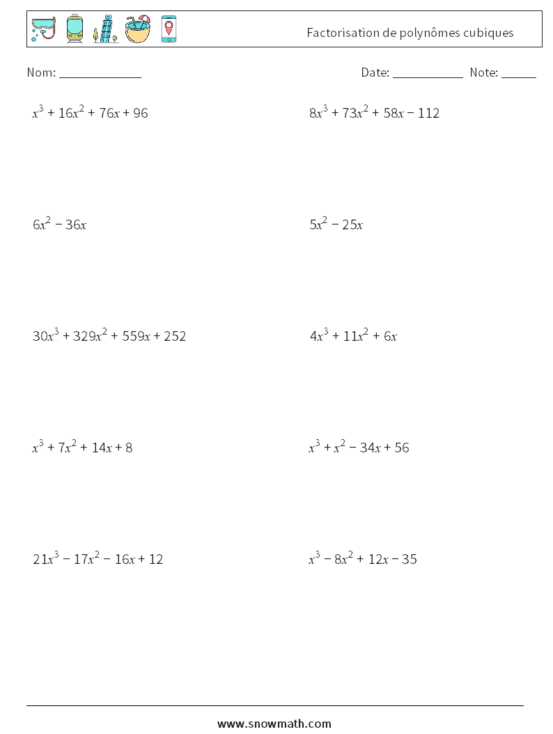 Factorisation de polynômes cubiques Fiches d'Exercices de Mathématiques 9