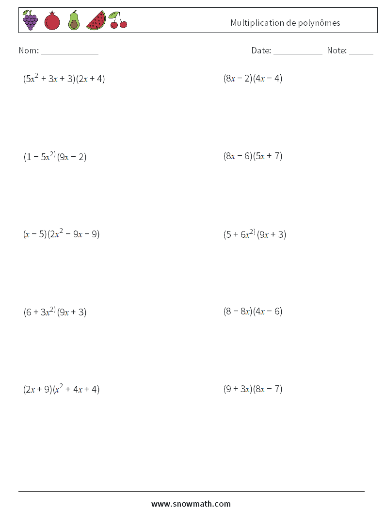 Multiplication de polynômes Fiches d'Exercices de Mathématiques 1