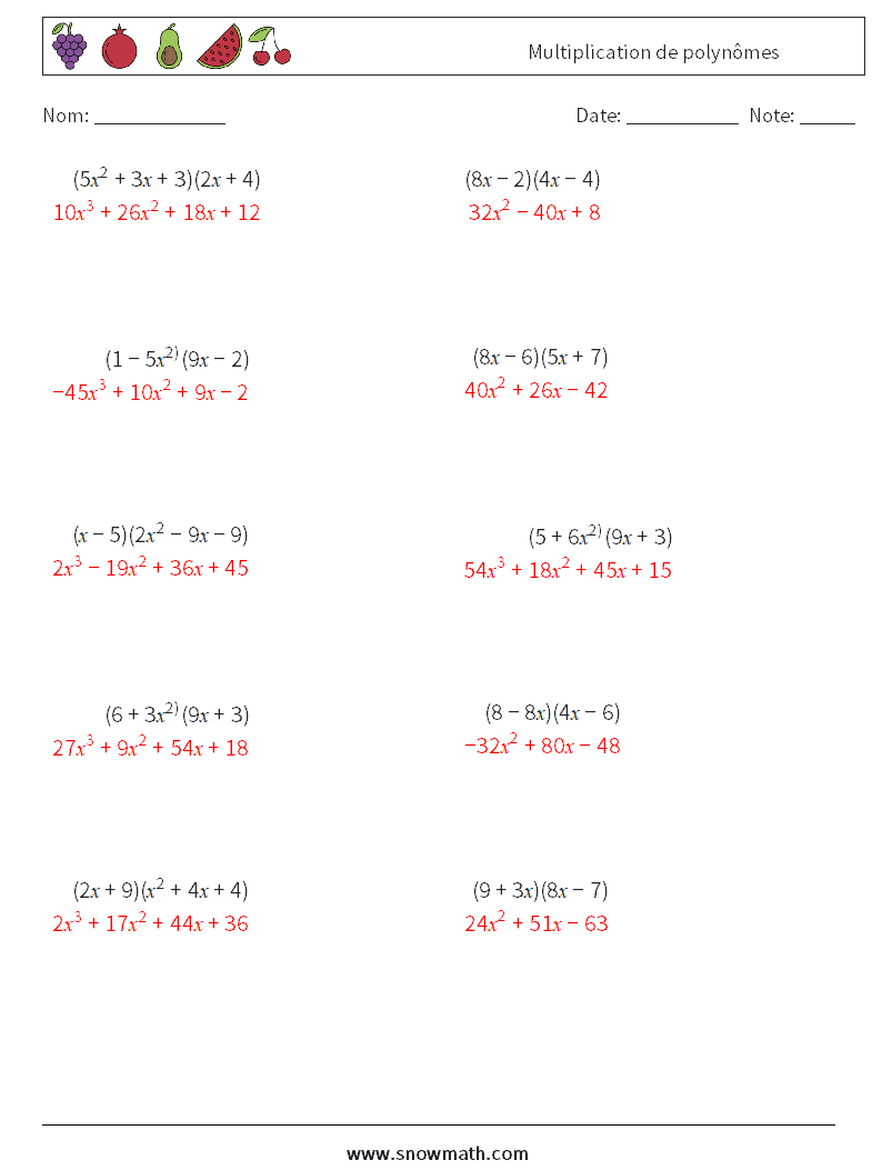 Multiplication de polynômes Fiches d'Exercices de Mathématiques 1 Question, Réponse