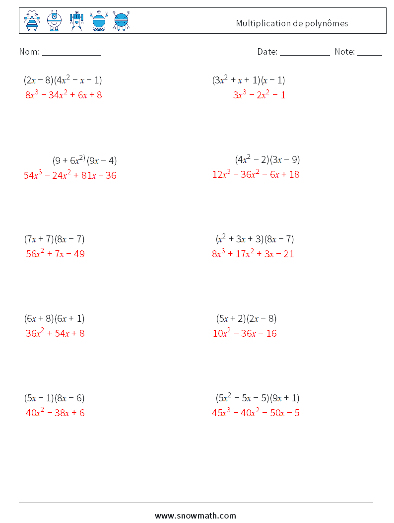 Multiplication de polynômes Fiches d'Exercices de Mathématiques 4 Question, Réponse
