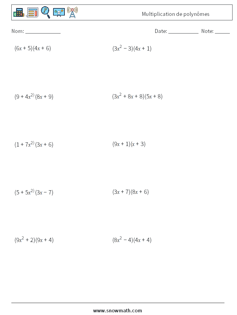 Multiplication de polynômes Fiches d'Exercices de Mathématiques 5