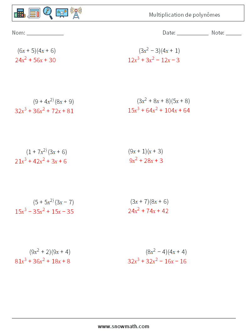 Multiplication de polynômes Fiches d'Exercices de Mathématiques 5 Question, Réponse