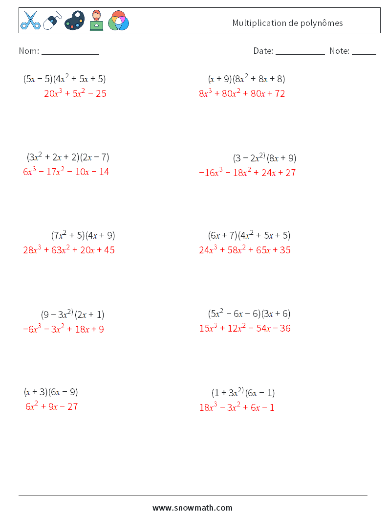 Multiplication de polynômes Fiches d'Exercices de Mathématiques 7 Question, Réponse