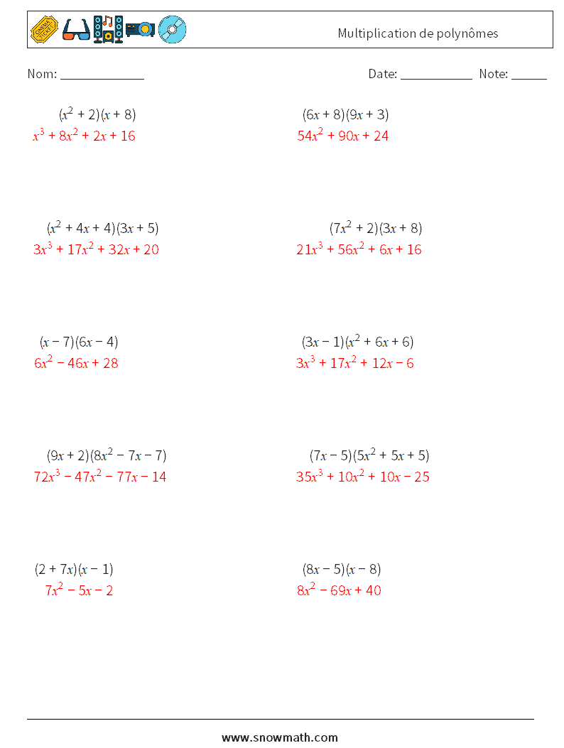 Multiplication de polynômes Fiches d'Exercices de Mathématiques 8 Question, Réponse