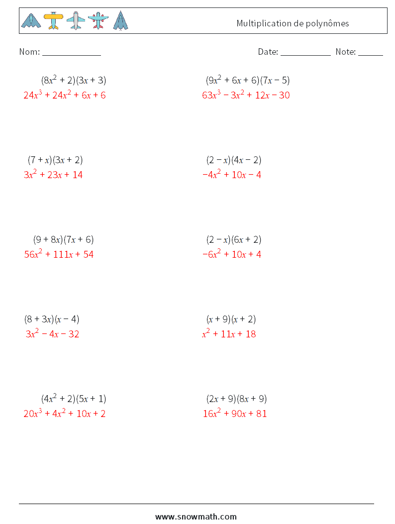 Multiplication de polynômes Fiches d'Exercices de Mathématiques 9 Question, Réponse