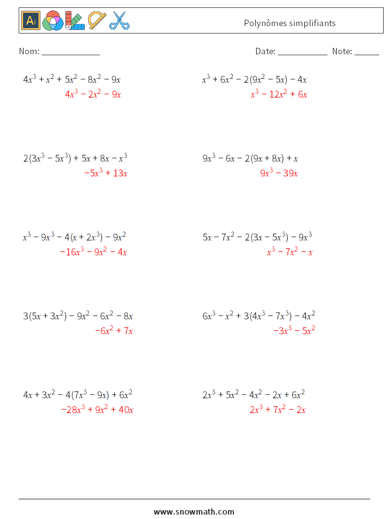 Polynômes simplifiants Fiches d'Exercices de Mathématiques 6 Question, Réponse