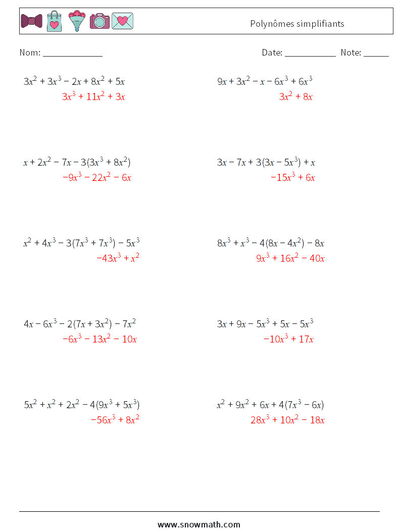 Polynômes simplifiants Fiches d'Exercices de Mathématiques 7 Question, Réponse
