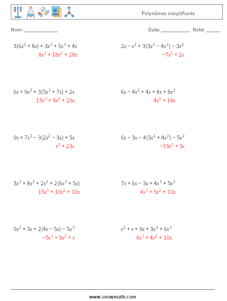 Polynômes simplifiants Fiches d'Exercices de Mathématiques 8 Question, Réponse