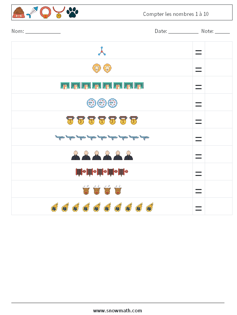 Compter les nombres 1 à 10 Fiches d'Exercices de Mathématiques 1