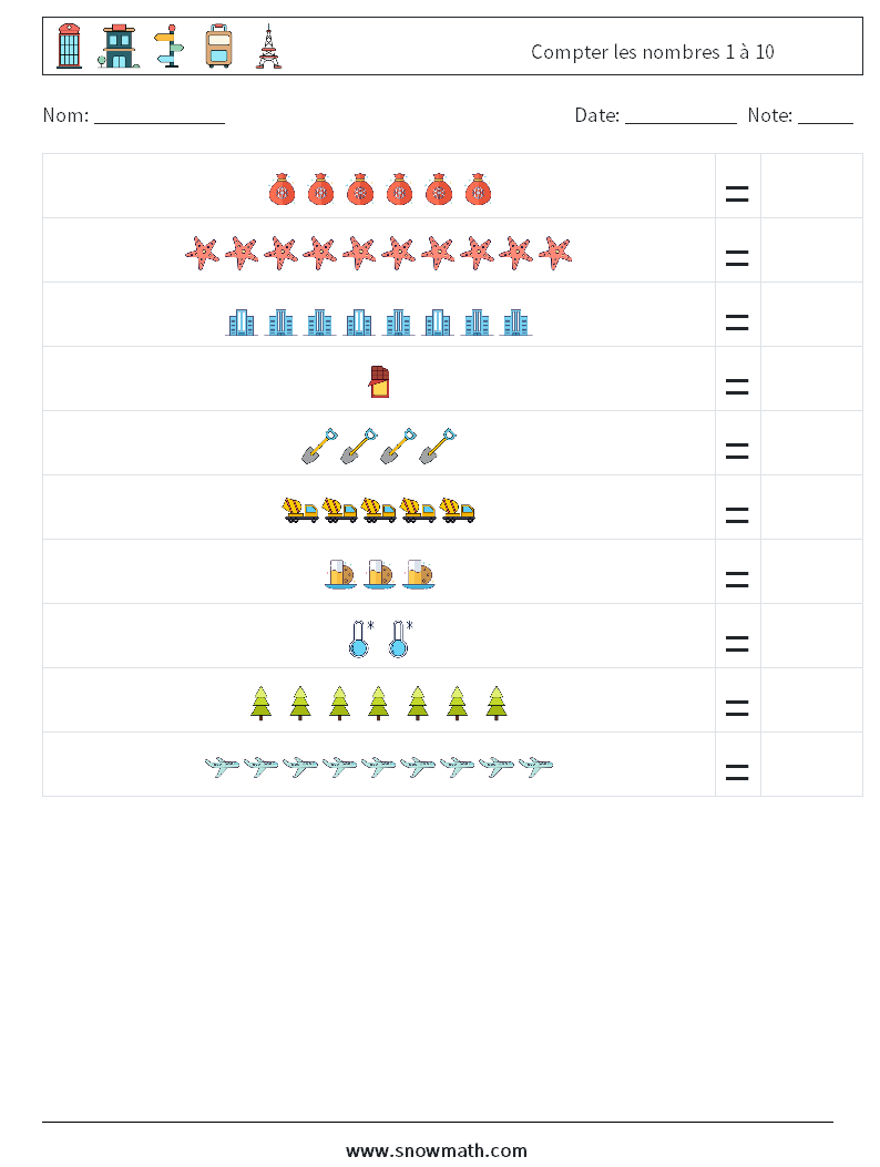 Compter les nombres 1 à 10 Fiches d'Exercices de Mathématiques 11