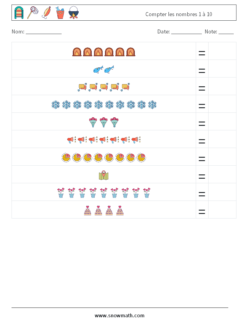 Compter les nombres 1 à 10 Fiches d'Exercices de Mathématiques 12