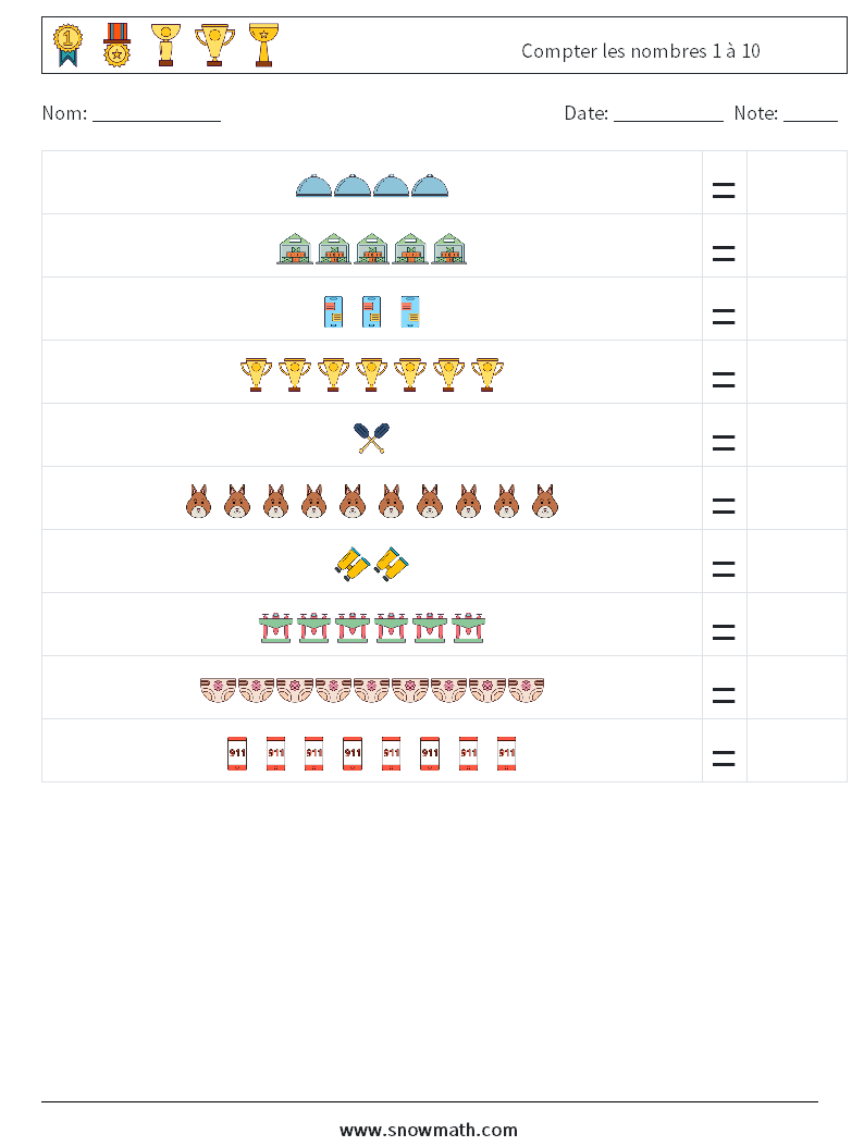 Compter les nombres 1 à 10 Fiches d'Exercices de Mathématiques 13