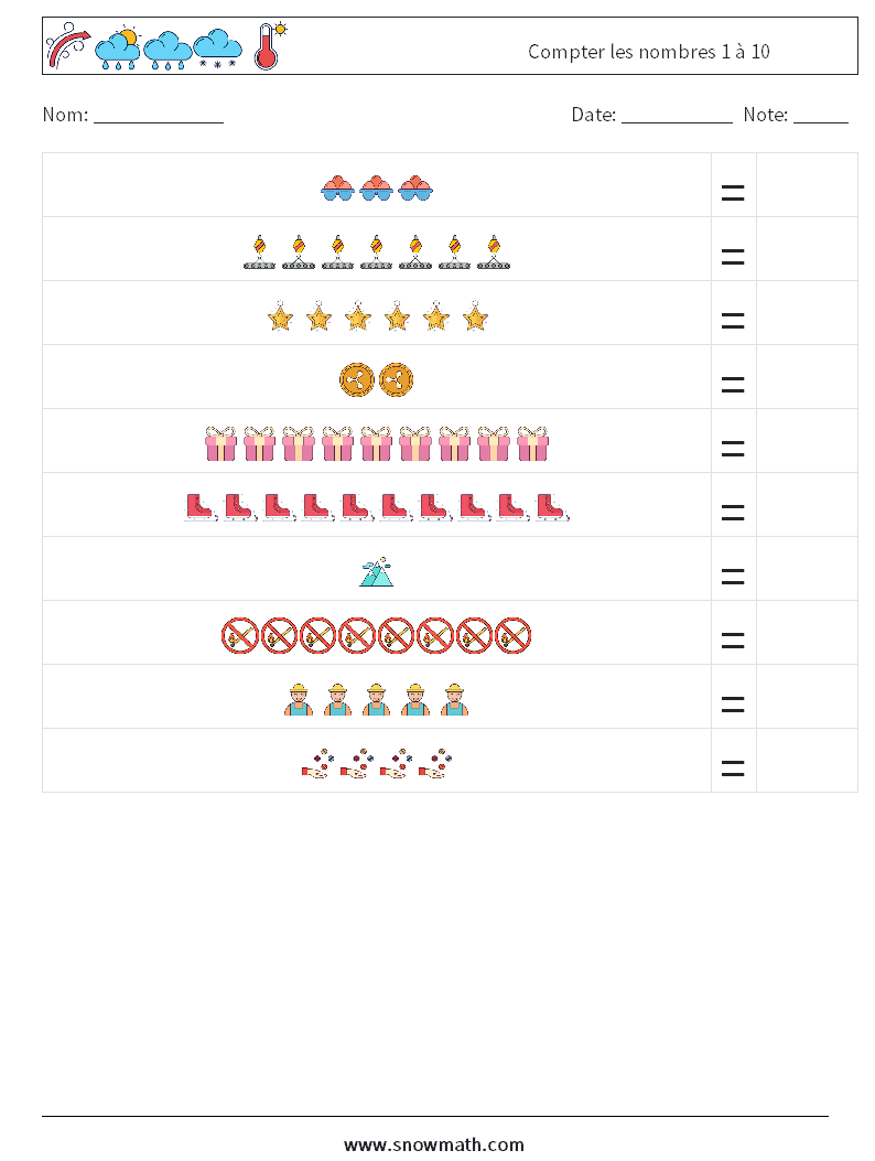 Compter les nombres 1 à 10 Fiches d'Exercices de Mathématiques 14