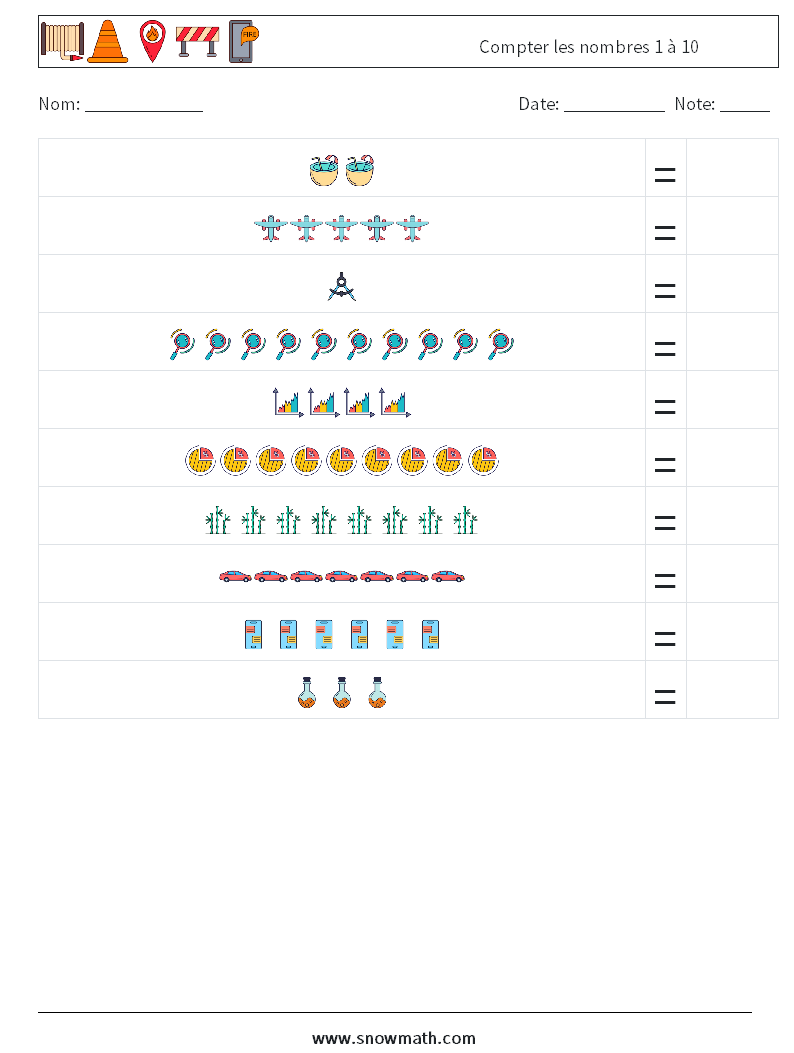 Compter les nombres 1 à 10 Fiches d'Exercices de Mathématiques 15