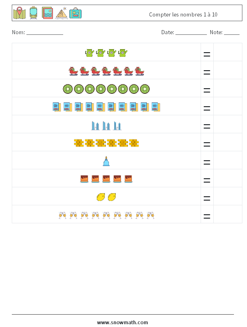 Compter les nombres 1 à 10 Fiches d'Exercices de Mathématiques 16