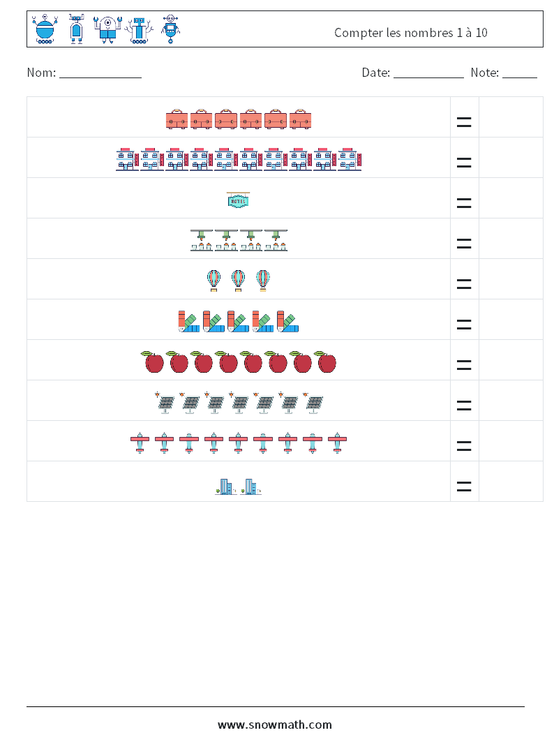 Compter les nombres 1 à 10 Fiches d'Exercices de Mathématiques 17