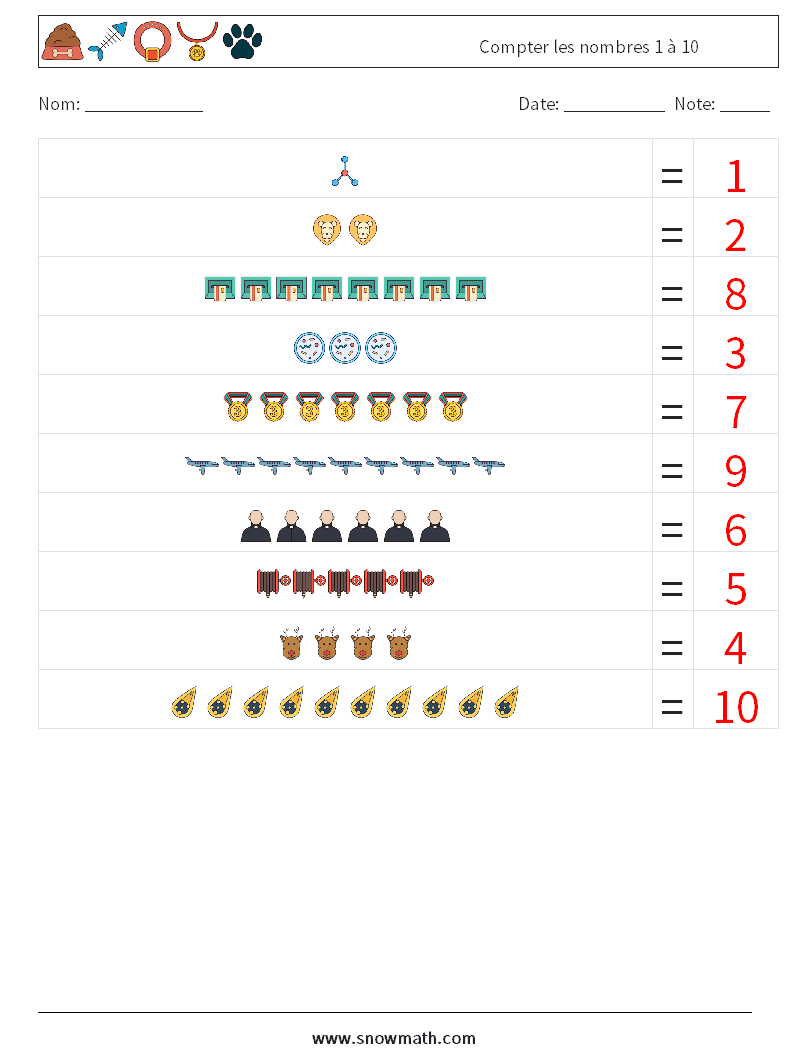 Compter les nombres 1 à 10 Fiches d'Exercices de Mathématiques 1 Question, Réponse