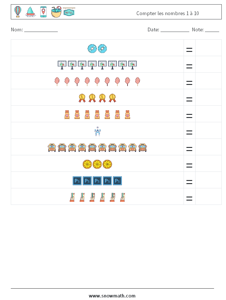 Compter les nombres 1 à 10 Fiches d'Exercices de Mathématiques 5