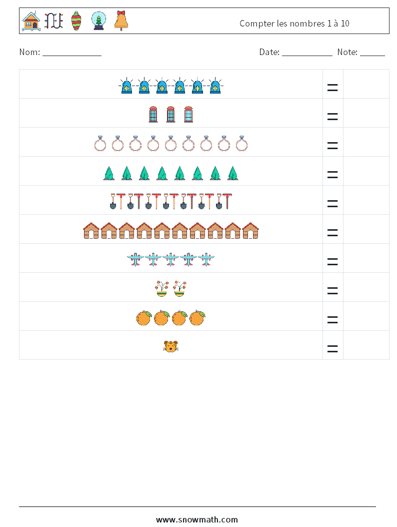 Compter les nombres 1 à 10 Fiches d'Exercices de Mathématiques 6