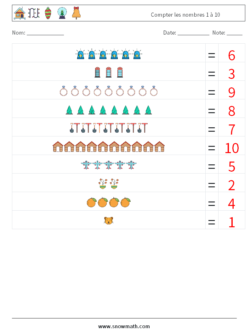 Compter les nombres 1 à 10 Fiches d'Exercices de Mathématiques 6 Question, Réponse