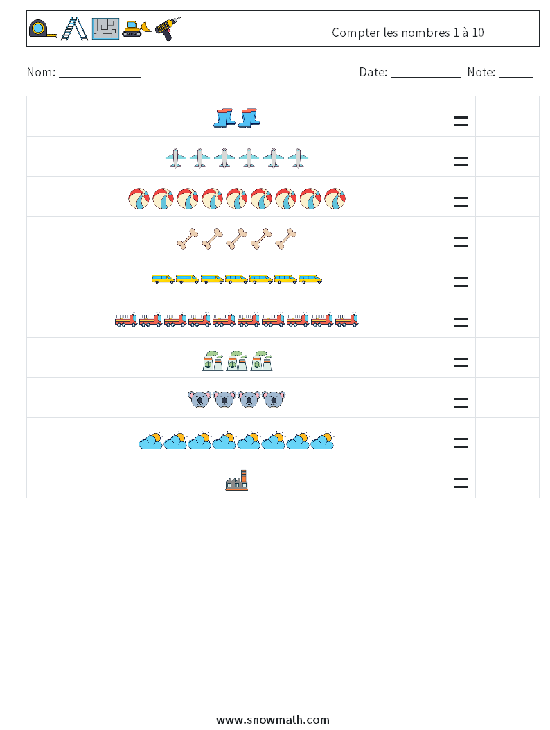 Compter les nombres 1 à 10 Fiches d'Exercices de Mathématiques 8