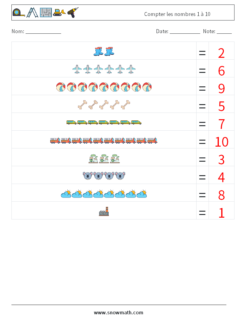 Compter les nombres 1 à 10 Fiches d'Exercices de Mathématiques 8 Question, Réponse