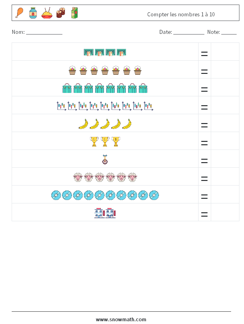 Compter les nombres 1 à 10 Fiches d'Exercices de Mathématiques 9