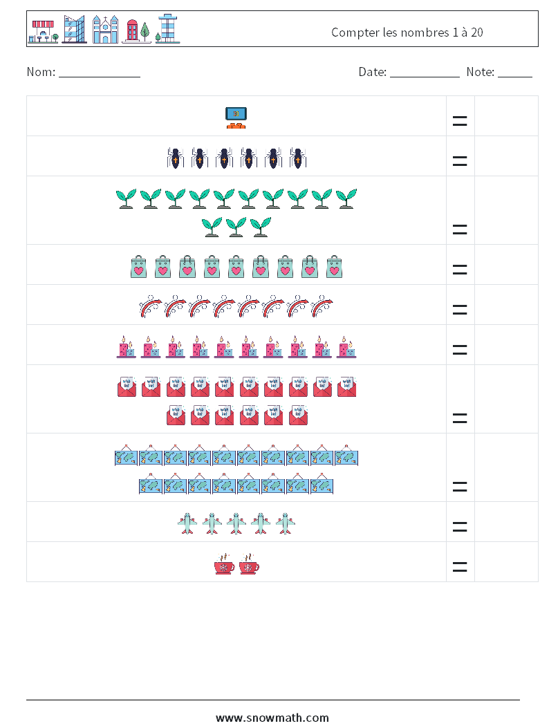 Compter les nombres 1 à 20 Fiches d'Exercices de Mathématiques 10