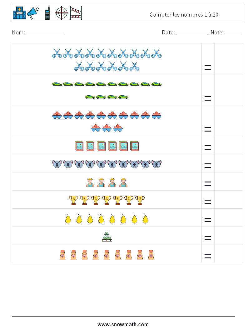 Compter les nombres 1 à 20 Fiches d'Exercices de Mathématiques 11