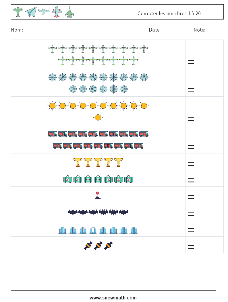 Compter les nombres 1 à 20 Fiches d'Exercices de Mathématiques 12