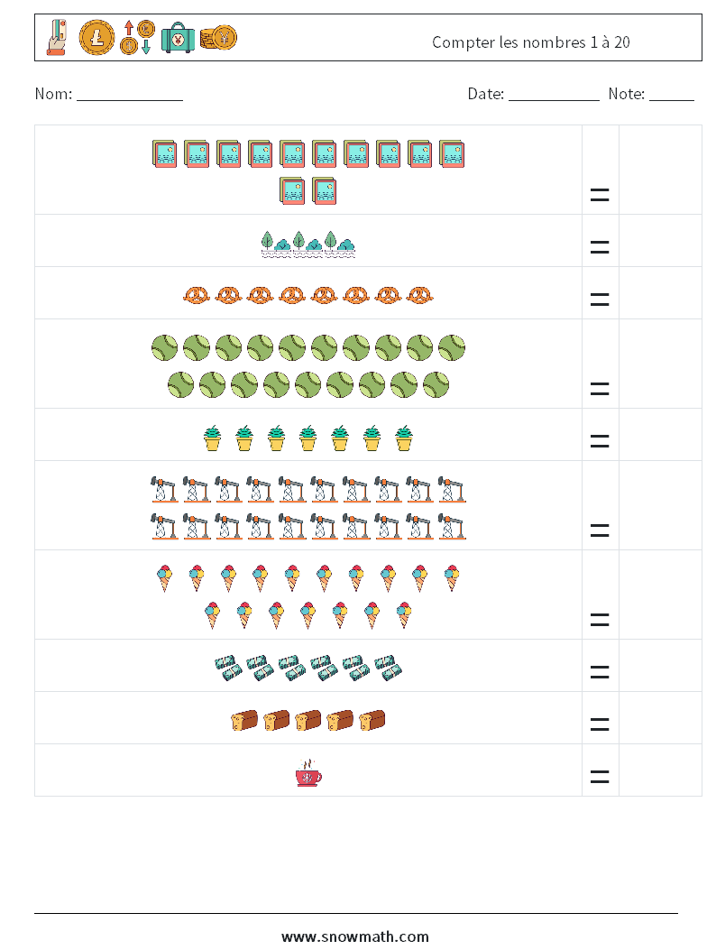 Compter les nombres 1 à 20 Fiches d'Exercices de Mathématiques 13