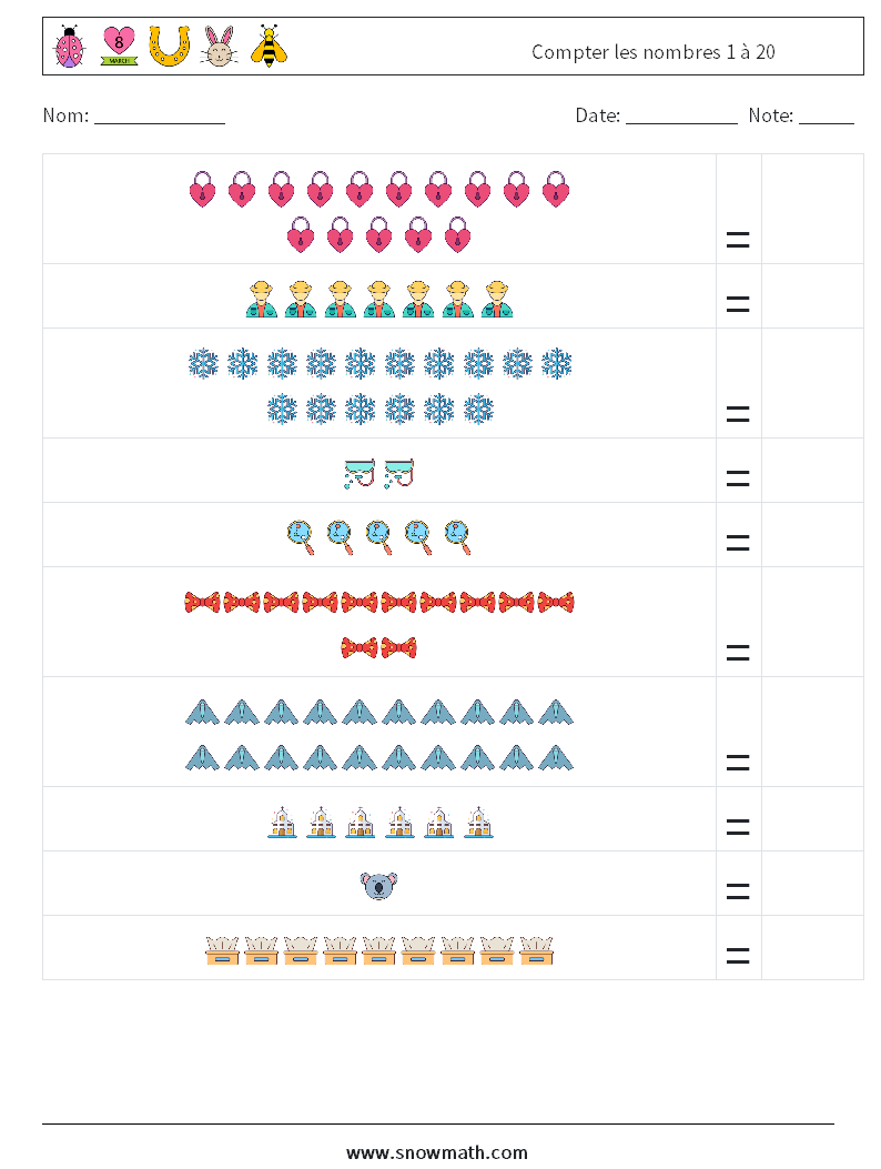 Compter les nombres 1 à 20 Fiches d'Exercices de Mathématiques 14