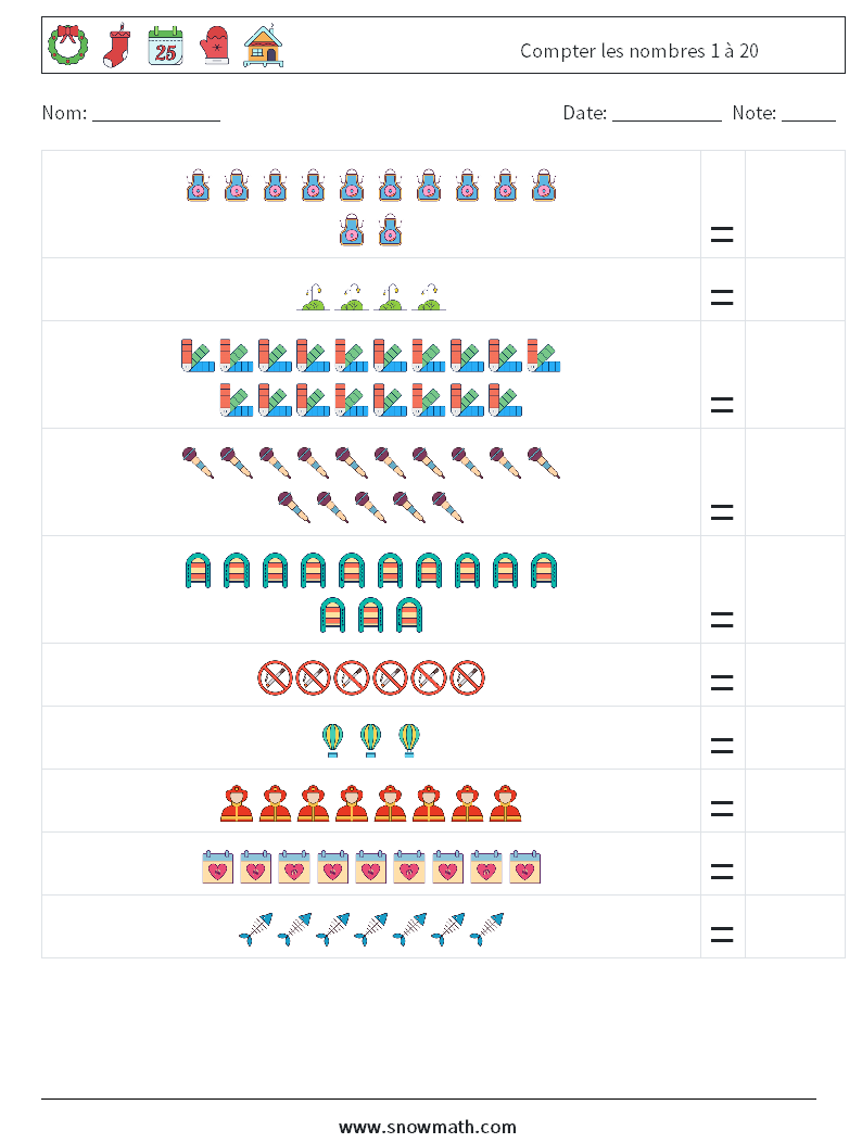 Compter les nombres 1 à 20 Fiches d'Exercices de Mathématiques 15