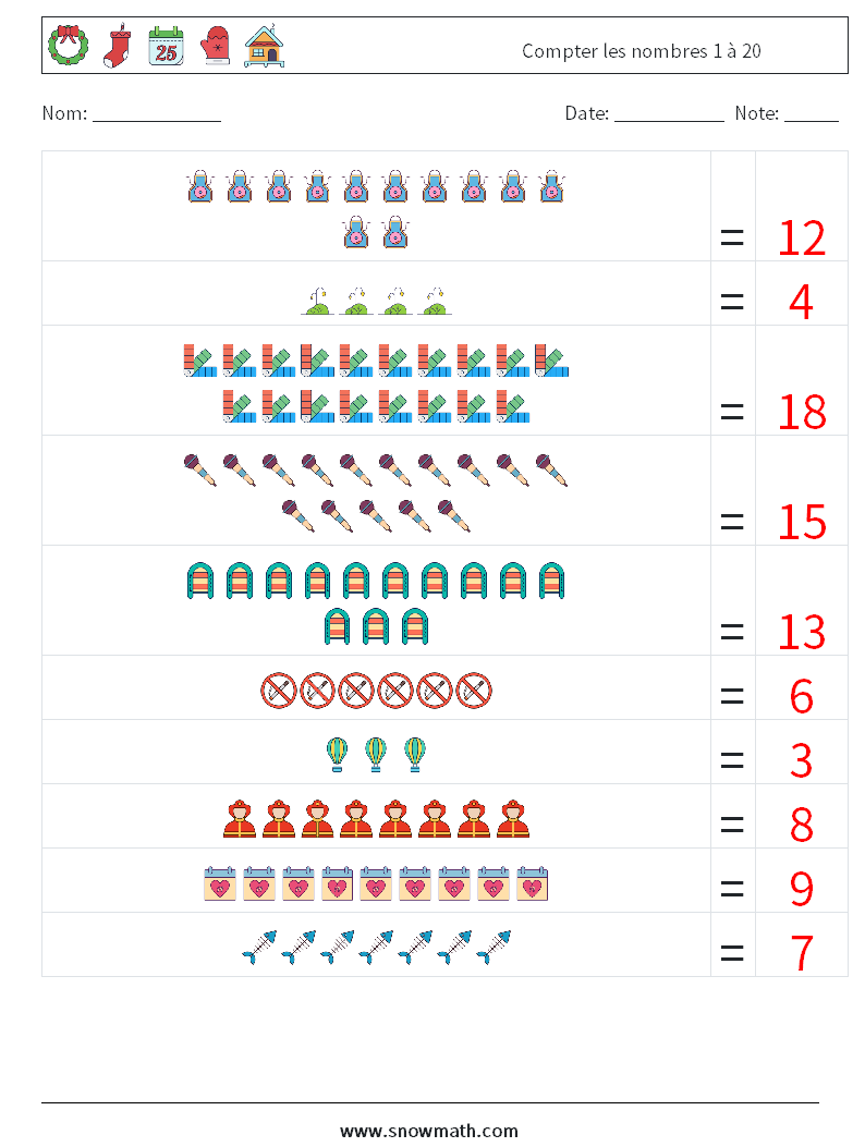 Compter les nombres 1 à 20 Fiches d'Exercices de Mathématiques 15 Question, Réponse